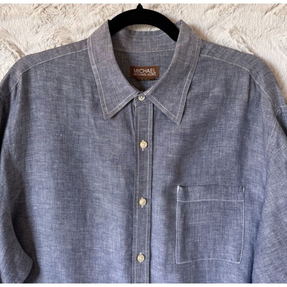 Michael Kors Shirt Men XL Blue Linen Cotton Blend Tailored Classic Fit Casual - Picture 4 of 9
